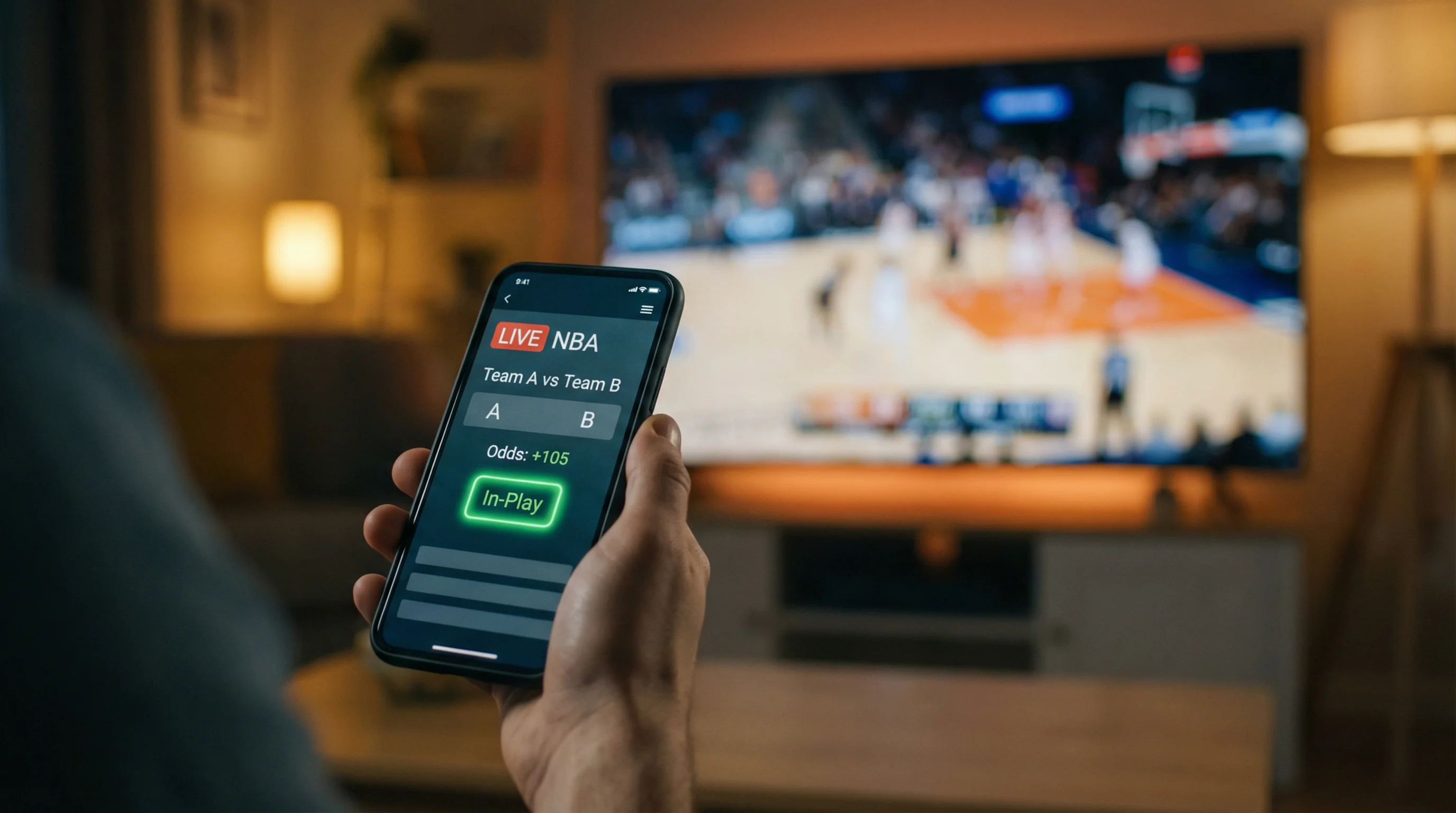 Aficionado siguiendo un partido de NBA en vivo con la aplicación de apuestas deportivas en el móvil
