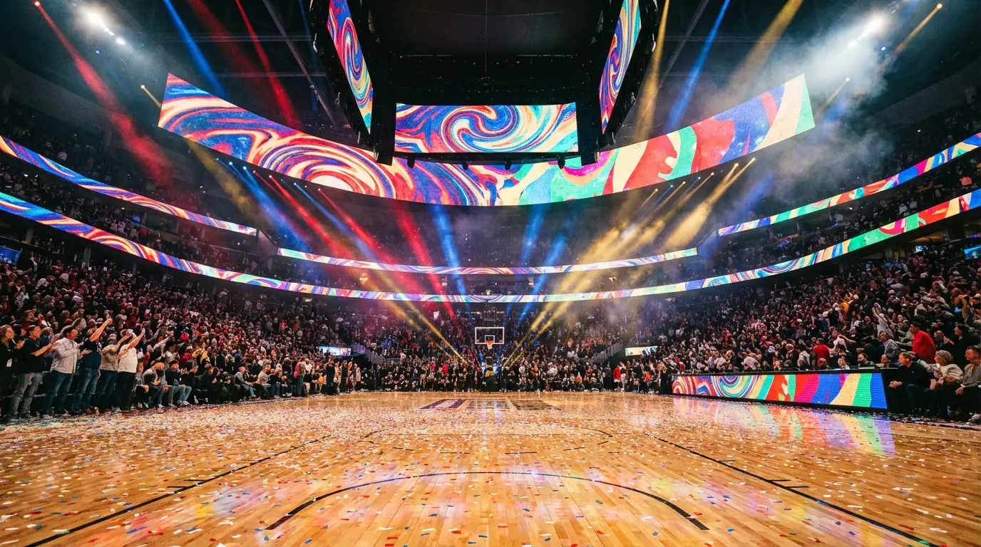 Cancha de baloncesto NBA decorada para el All-Star Weekend con iluminación especial y gradas llenas