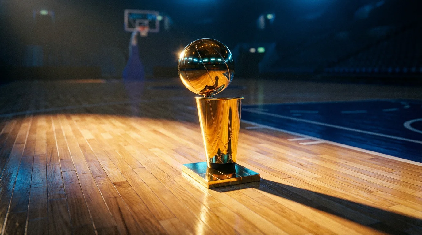 Trofeo de campeonato NBA sobre una superficie de parquet de cancha profesional