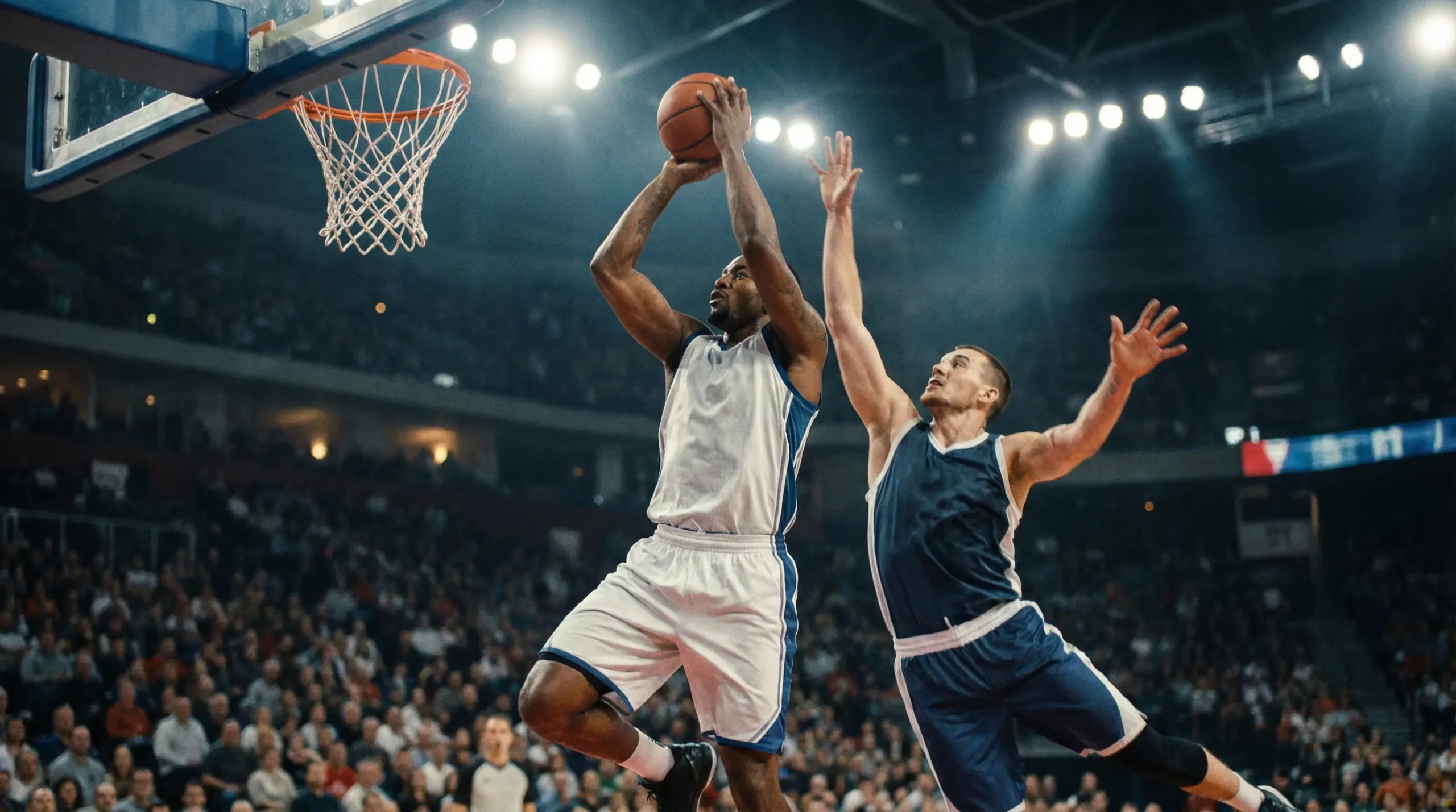 Jugador de baloncesto NBA lanzando a canasta durante un partido con la defensa rival al fondo