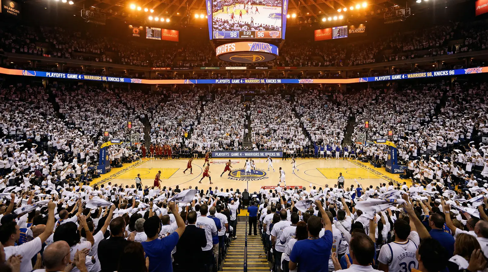 Arena de baloncesto NBA repleta de aficionados durante un partido de playoffs