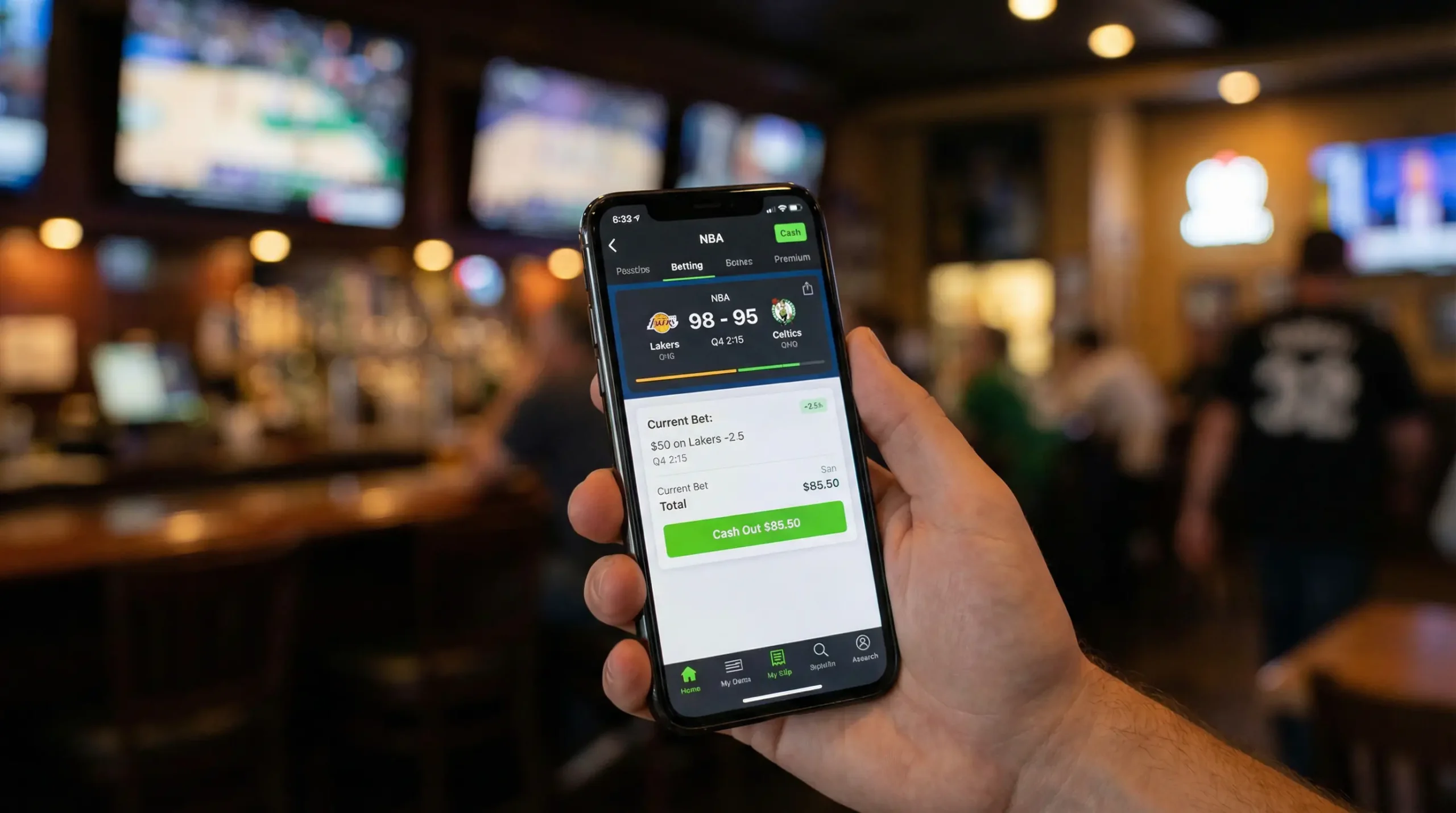 Mano sosteniendo un teléfono móvil con la pantalla de apuestas deportivas de baloncesto NBA en vivo