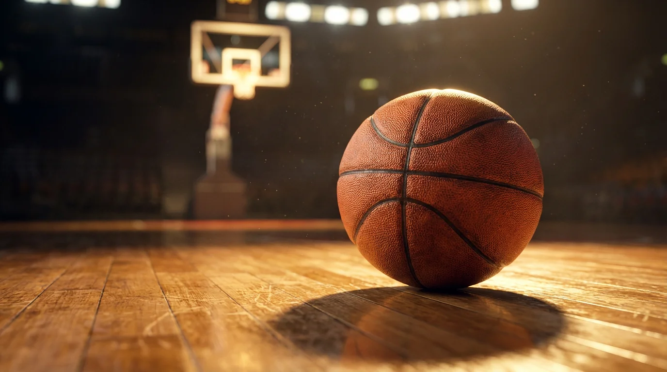 Cancha de baloncesto NBA iluminada con tablero de cuotas de apuestas deportivas