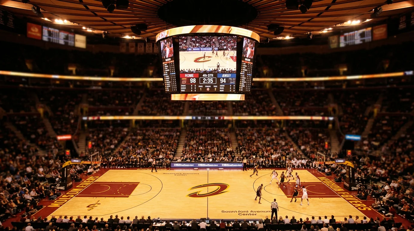 Cancha de baloncesto NBA vista desde las gradas con marcador electrónico y tablero de anotaciones