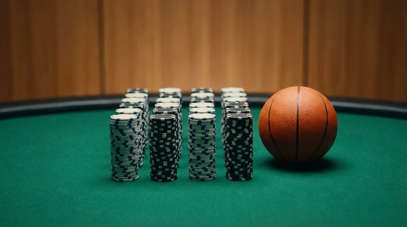 Fichas de apuesta apiladas en columnas iguales sobre una mesa junto a una pelota de baloncesto