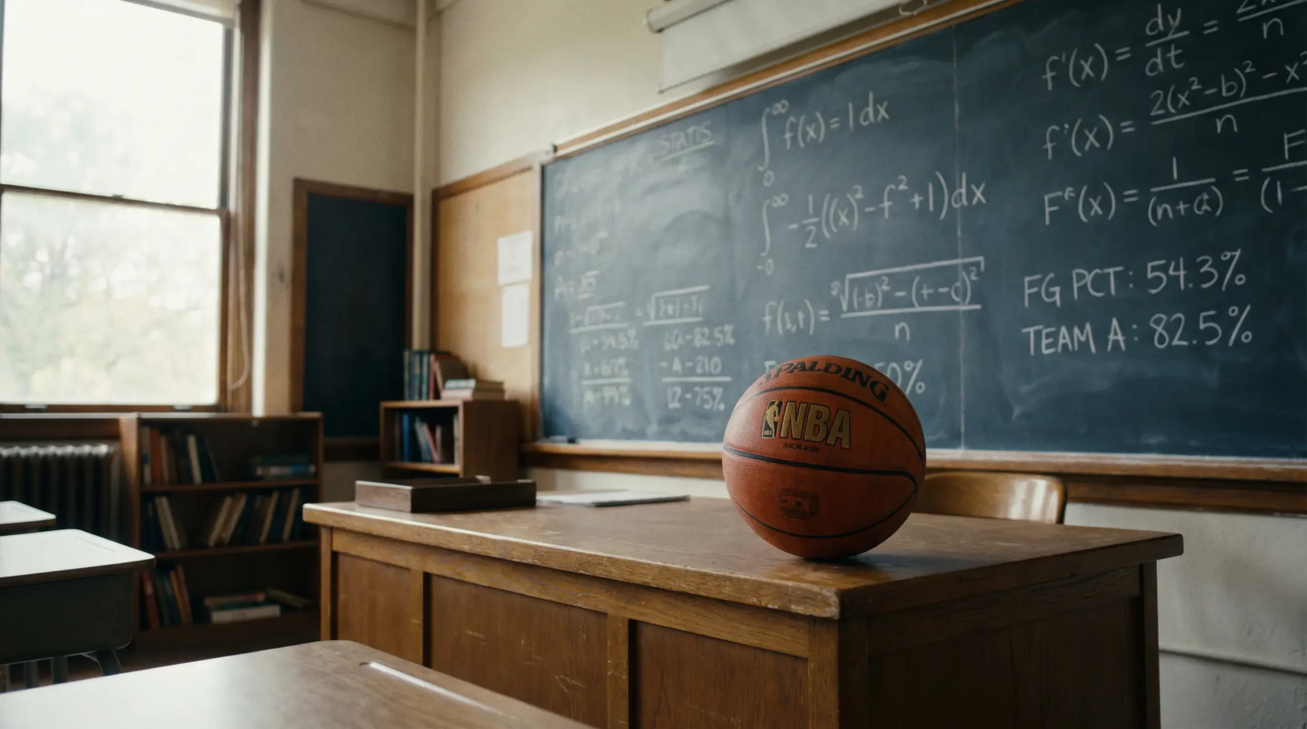 Pizarra con fórmulas matemáticas escritas a tiza junto a un balón de baloncesto NBA