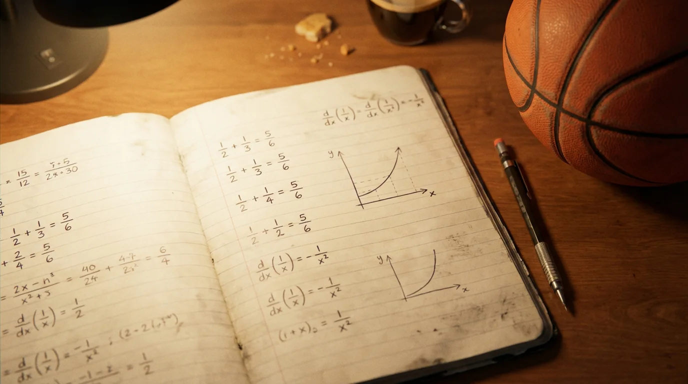 Cuaderno abierto con fórmulas matemáticas junto a un balón de baloncesto sobre un escritorio