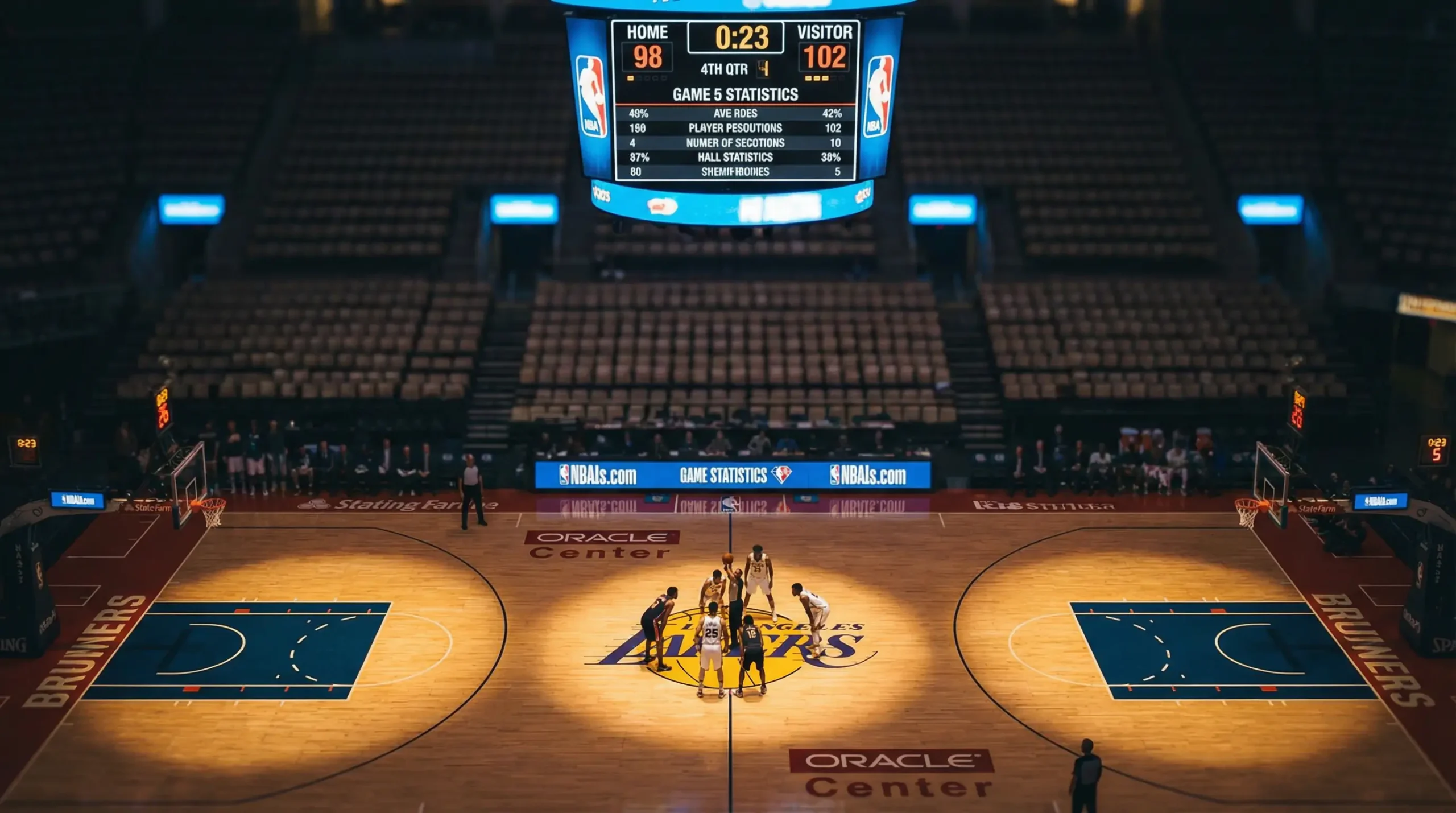 Cancha de baloncesto NBA con tablero de anotación iluminado durante un partido nocturno