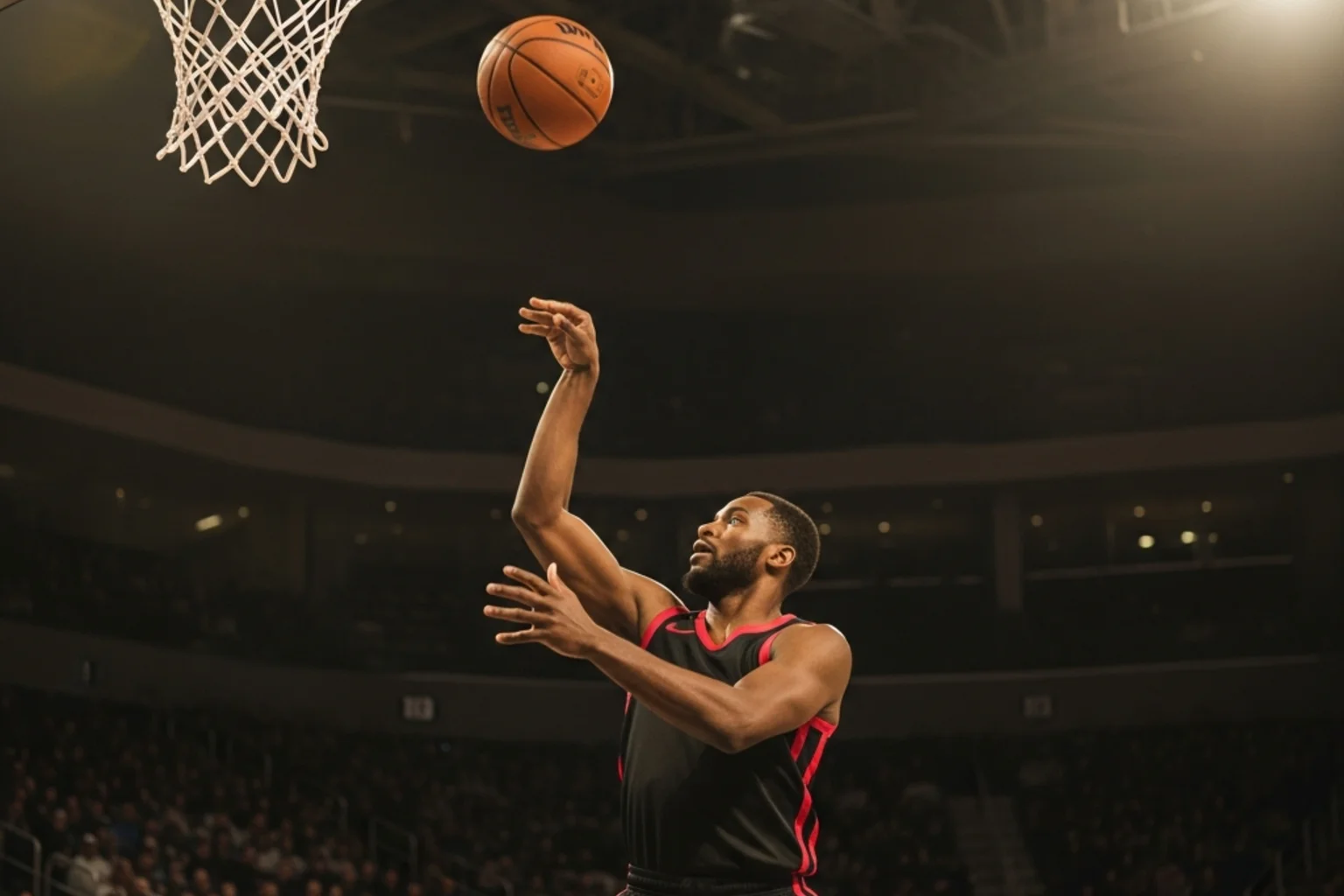 Jugador de baloncesto NBA ejecutando un tiro libre en una cancha profesional iluminada