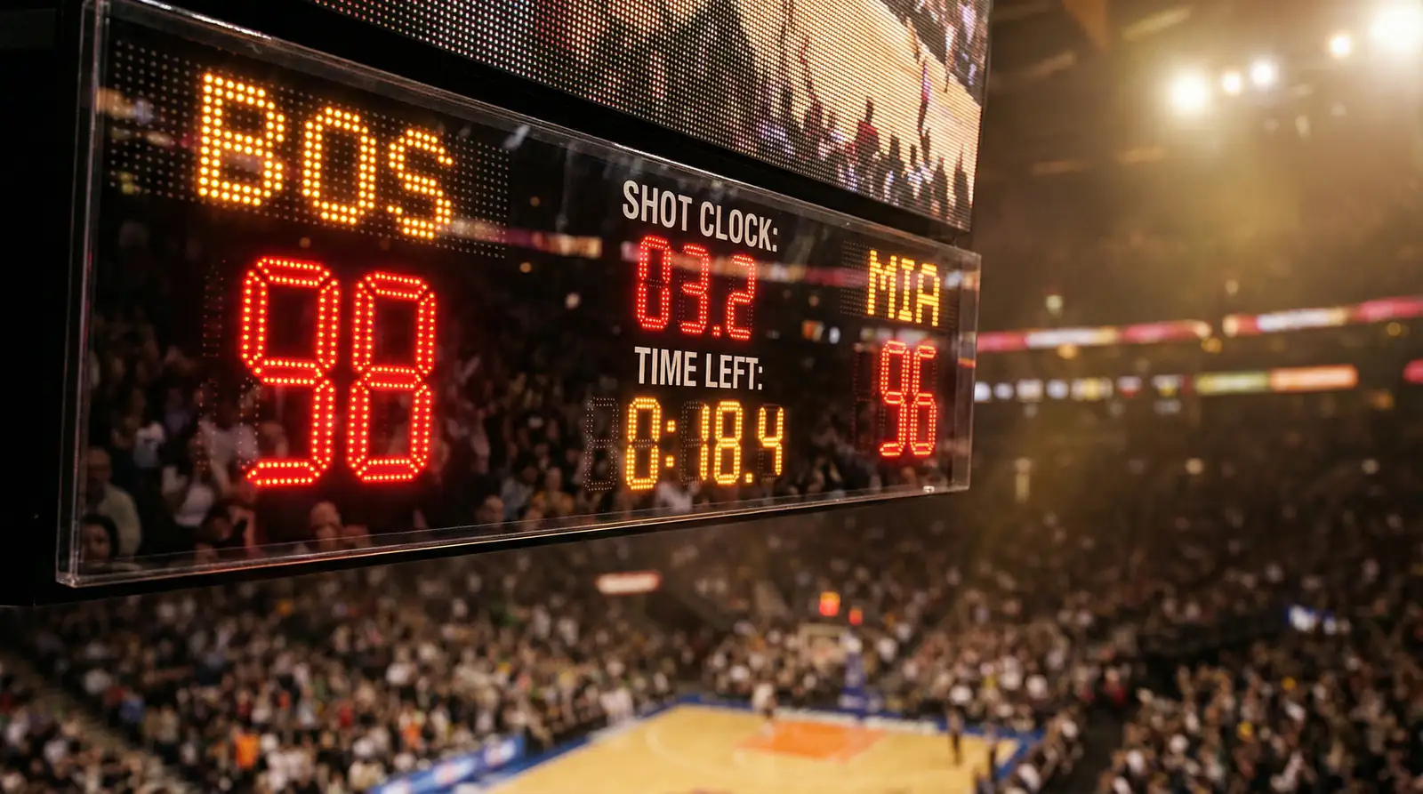 Marcador electrónico de un partido de baloncesto NBA mostrando puntuación cerrada