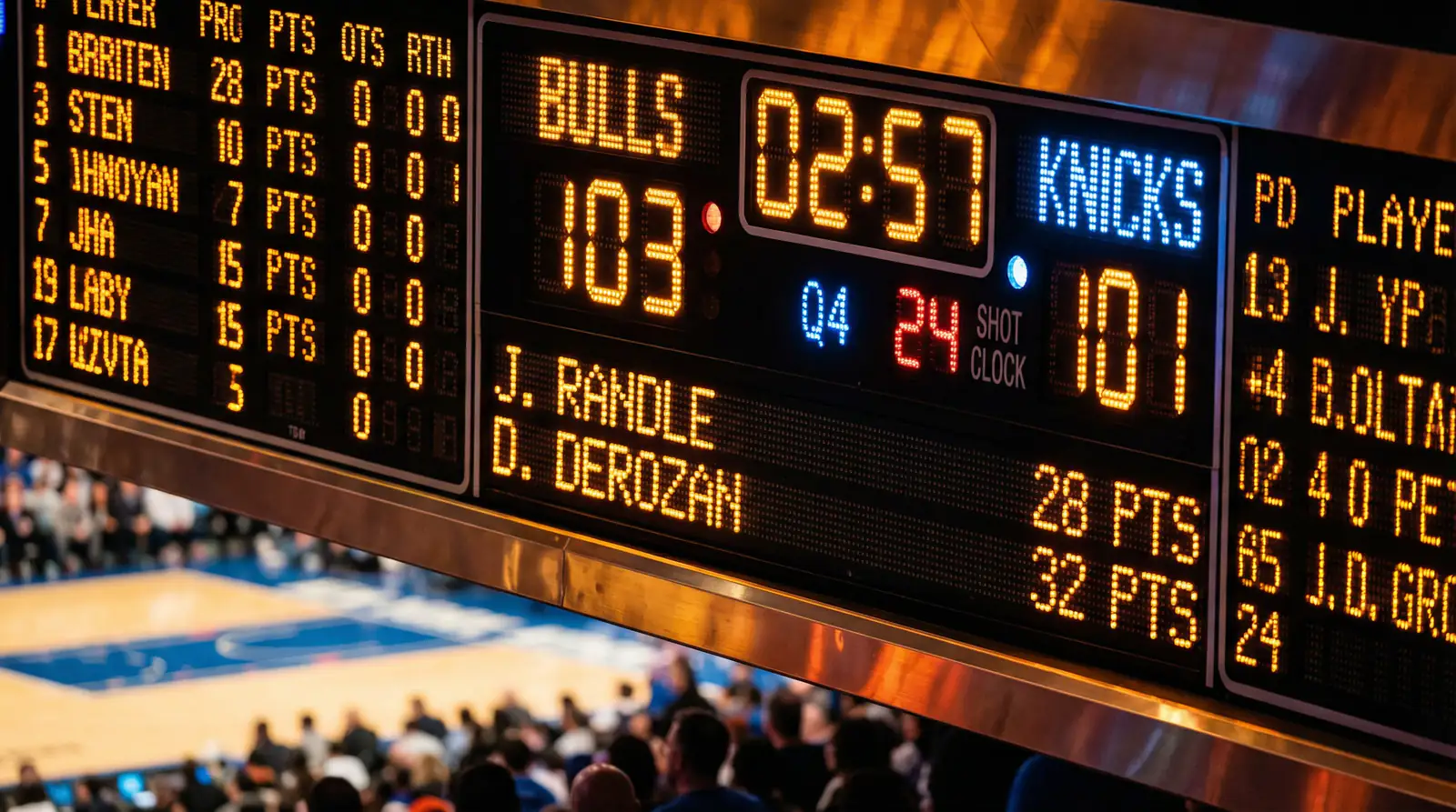 Primer plano de un tablero de anotación NBA con cuotas y números iluminados