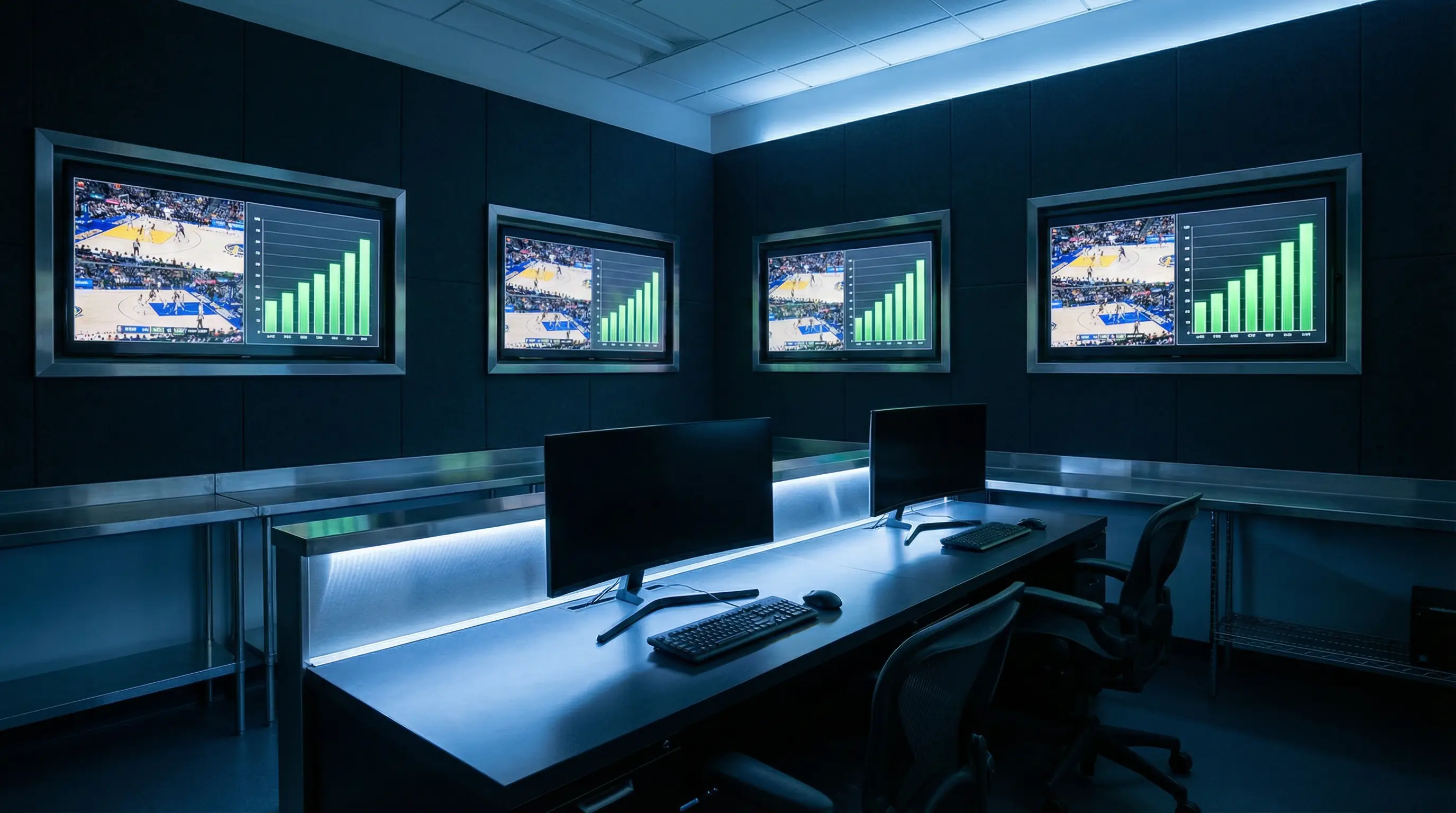 Vista panorámica de una sala de operaciones de apuestas deportivas con pantallas mostrando partidos de NBA